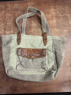 Mona B Olive Green Canvas Tote with Brown Floral-Trim